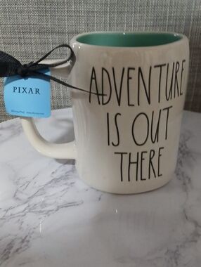 Rae Dunn Cream Mug with Teal Interior - 'Adventure Is Out There'